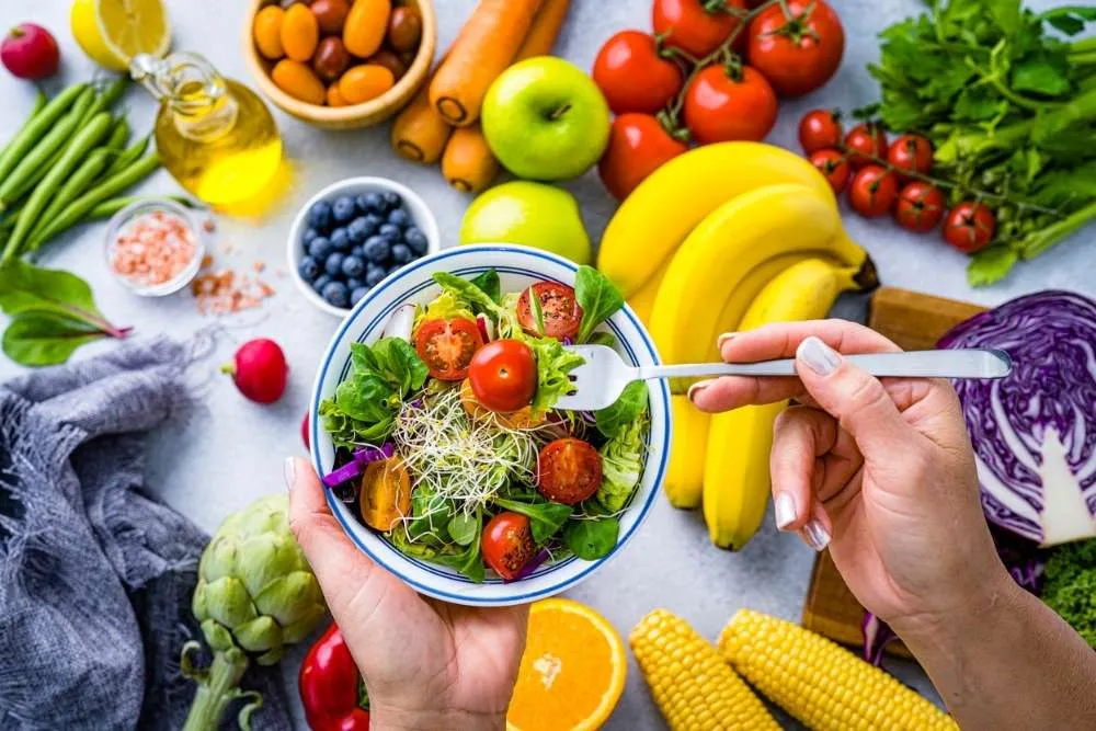 Spread of whole grains and fresh produce on a table